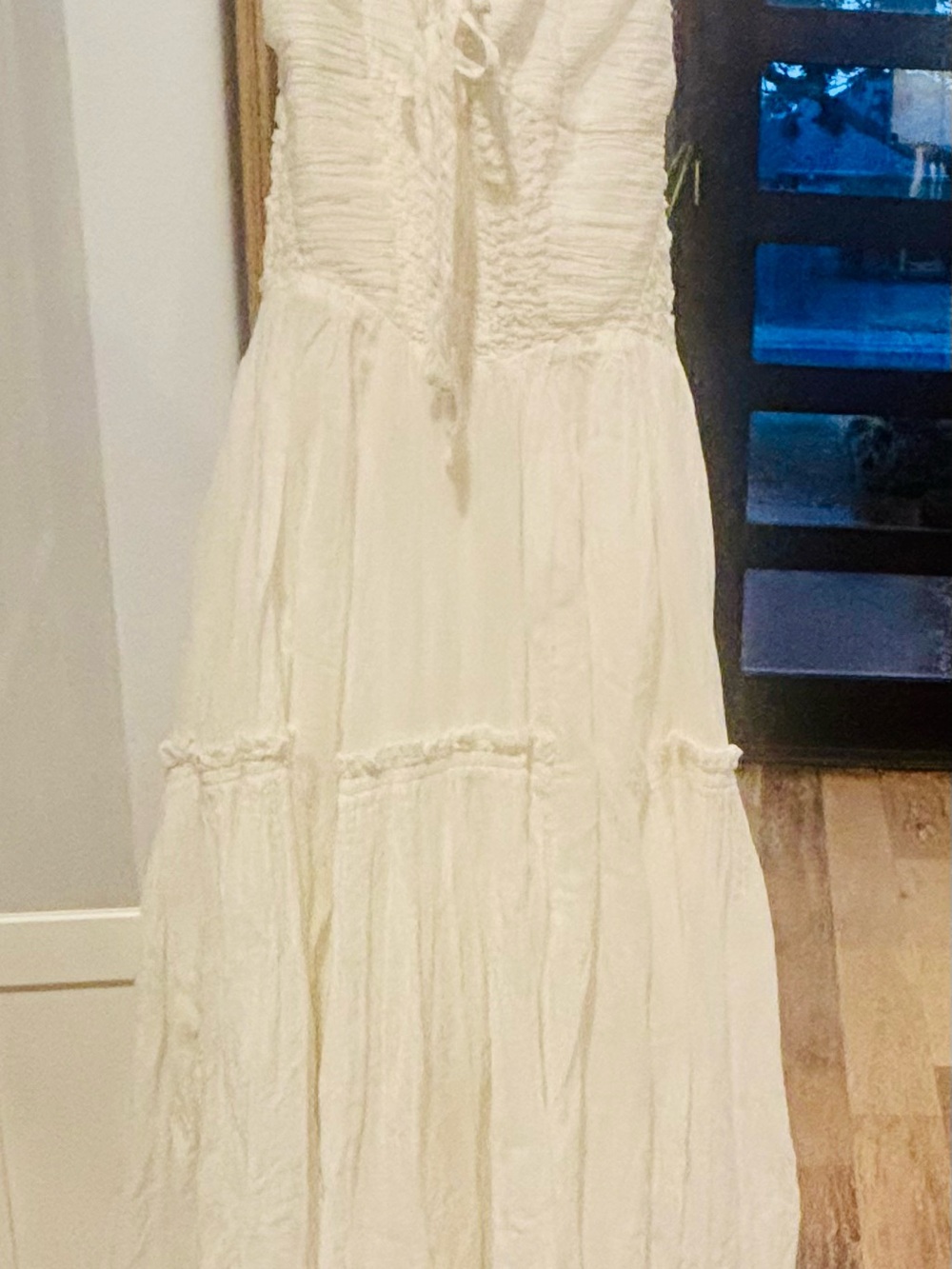 Bohemian Ivory Tiered Maxi Dress with Smocked Bodice